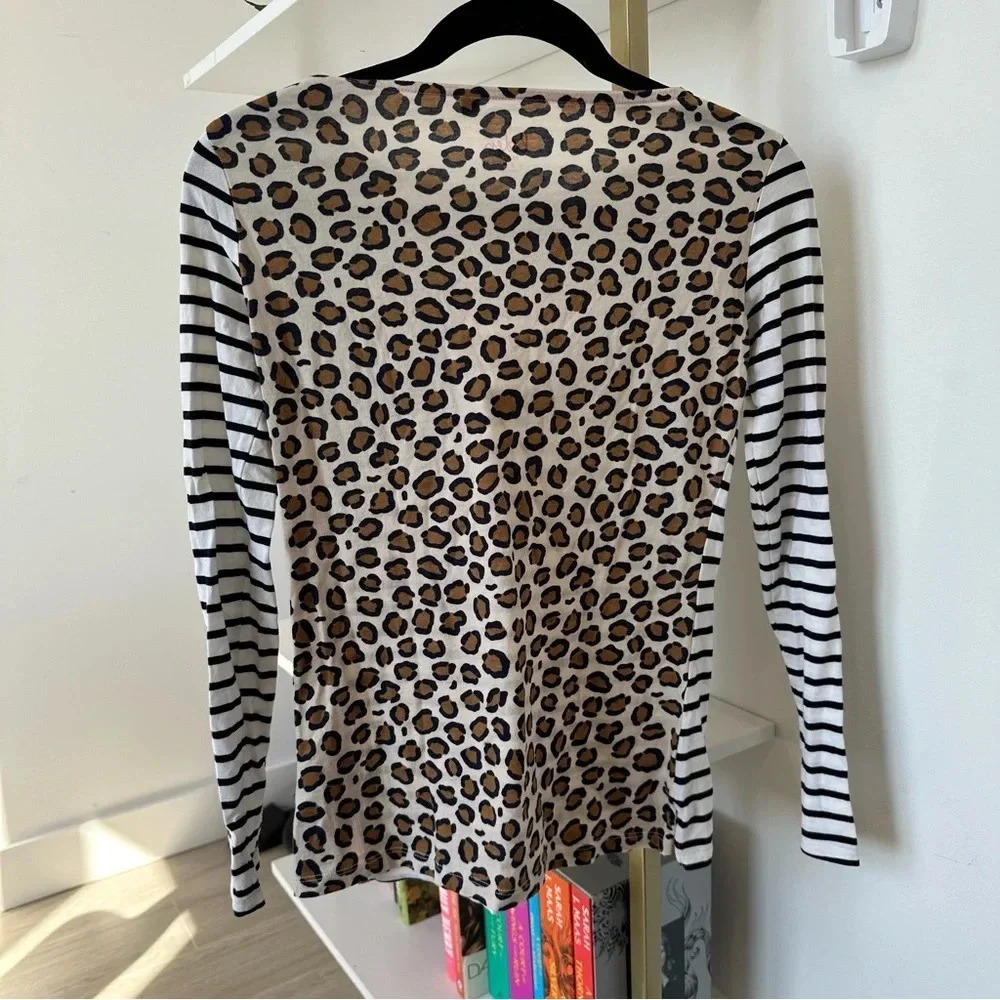 Boden Breton Stripe Leopard Print Pocket Long Sleeve Tee Size 2 - Picture 7 of 10
